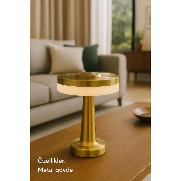 Gold Mantar Masa Lambası 3 Renk Modlu Kablosuz Şarjlı Dekoratif Metal LED Abajur