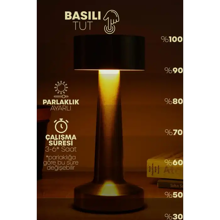 Gold Metal Dokunmatik Şarjlı Masa Lambası 3 Işık Parlaklık Ayarlı Gece Abajuru LED