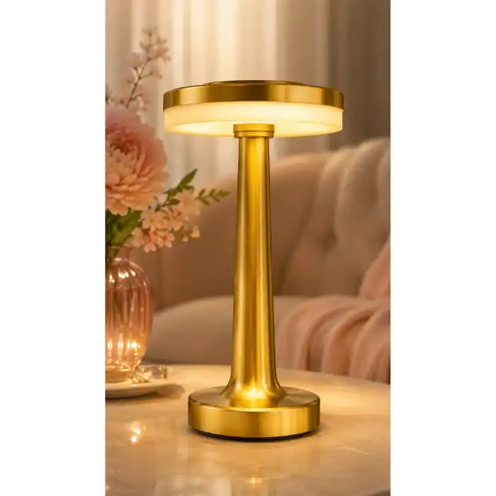 Lüks Gold Mantar Masa Lambası 3 Renk Modlu Kablosuz Şarjlı Dekoratif Metal Abajur