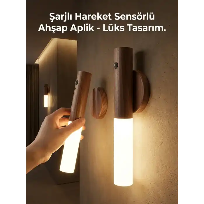 Kablosuz Şarjlı LED Ahşap Renk Lüks Aplik Hareket Sensörlü Günışığı Duvar Lambası