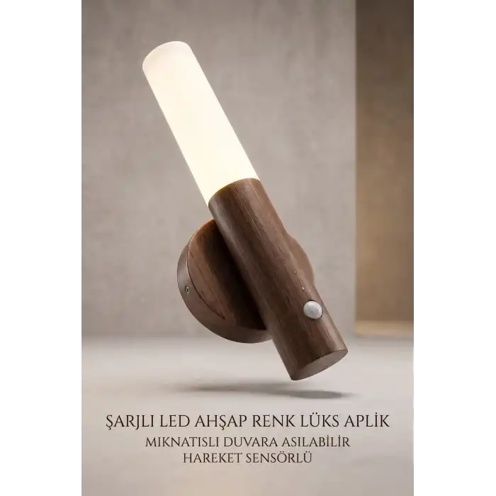 Günışığı Şarjlı LED Ahşap Renk Duvar Aplik Hareket Sensörlü Kablosuz Lüks Lamba Modeli