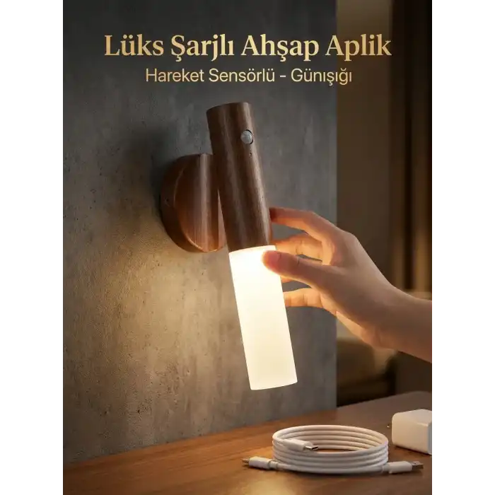 Hareket Sensörlü Kablosuz LED Aplik Şarjlı Ahşap Renk Günışığı Duvar Lüks Lambası