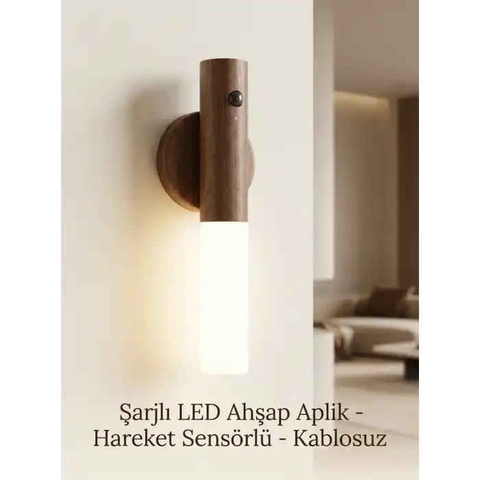 Kablosuz Ahşap Renk LED Duvar Lambası Şarjlı Hareket Sensörlü Günışığı Lüks Aplik