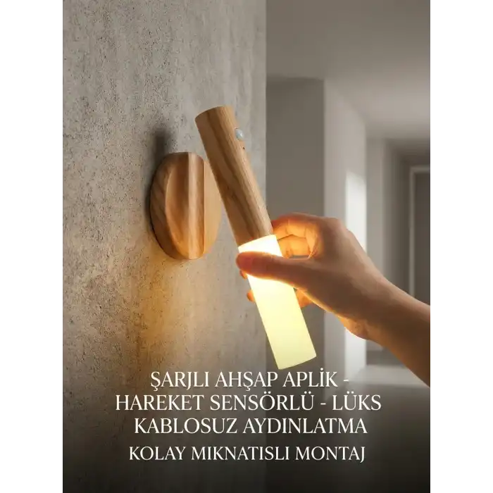 Günışığı LED Şarjlı Duvar Aplik Ahşap Renk Hareket Sensörlü Kablosuz Lüks Lamba Modeli