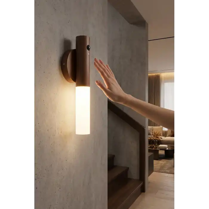Lüks Kablosuz Şarjlı LED Duvar Lambası Ahşap Renk Günışığı Hareket Sensörlü Aplik