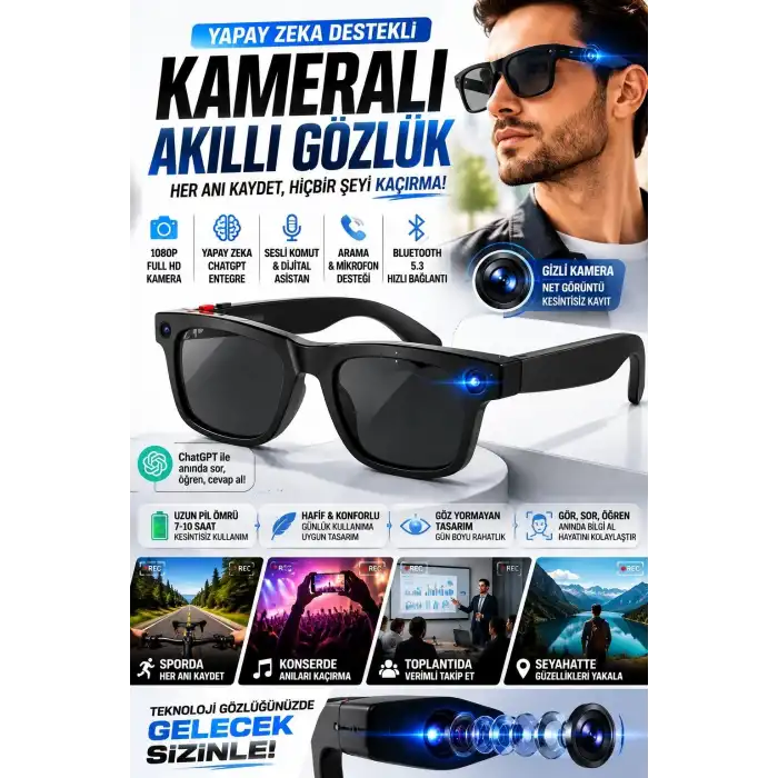 Yapay Zeka Destekli Kameralı Akıllı Gözlük 8MP Kamera ChatGPT Çeviri Ses Kayıt Özellikli
