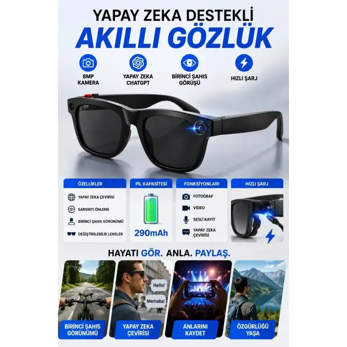 8MP Kameralı Yapay Zeka Akıllı Gözlük ChatGPT Destekli Sesli Asistan ve Çeviri Özellikli