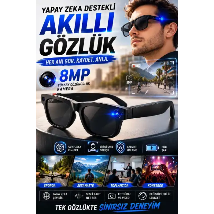 Birinci Şahıs Görüşlü 8MP Kameralı Yapay Zeka Akıllı Gözlük ChatGPT Destekli Model