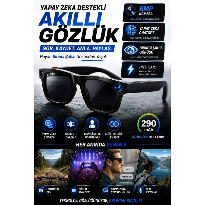ChatGPT Destekli Yapay Zeka Akıllı Gözlük 8MP Kamera Fotoğraf Video ve Ses Kayıtlı
