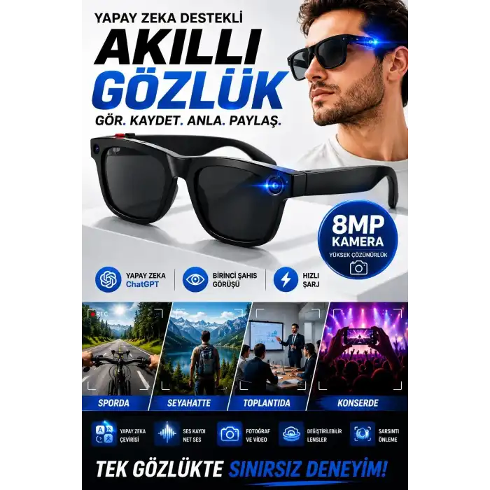 Yapay Zeka Çevirili 8MP Kameralı Akıllı Gözlük Birinci Şahıs Görüşü ve Hızlı Şarjlı