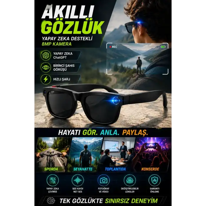 8MP Kameralı ChatGPT Destekli Akıllı Gözlük Yapay Zeka Çeviri ve Ses Kayıt Özellikli