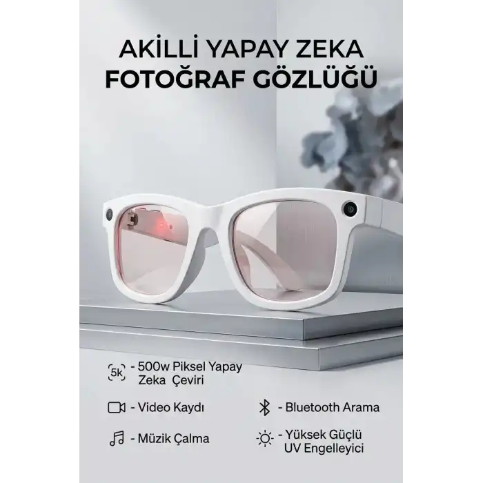 Beyaz Yapay Zeka Asistanlı Akıllı Gözlük Kameralı Bluetooth Modern Tasarım