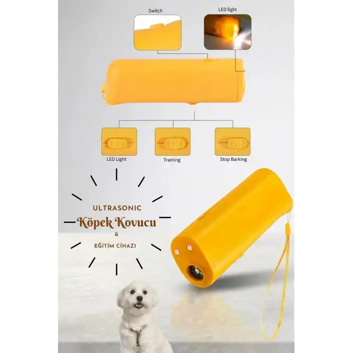 Ultrasonik Köpek Kovucu Eğitim Cihazı El Fenerli Taşınabilir Sarı Pratik Ürün Modeli