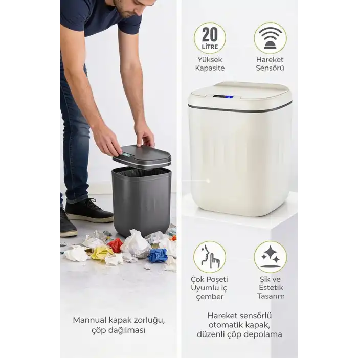 20 Litre Hareket Sensörlü Akıllı Çöp Kovası Beyaz