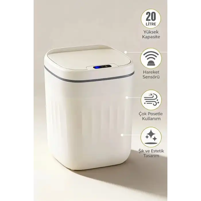 20 Litre Hareket Sensörlü Akıllı Çöp Kovası Beyaz