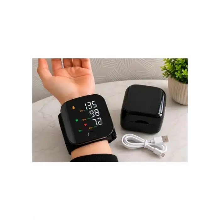Türkçe Konuşan Şarjlı Bilekten Dijital Tansiyon ve Nabız Ölçüm Cihazı LCD Ekranlı