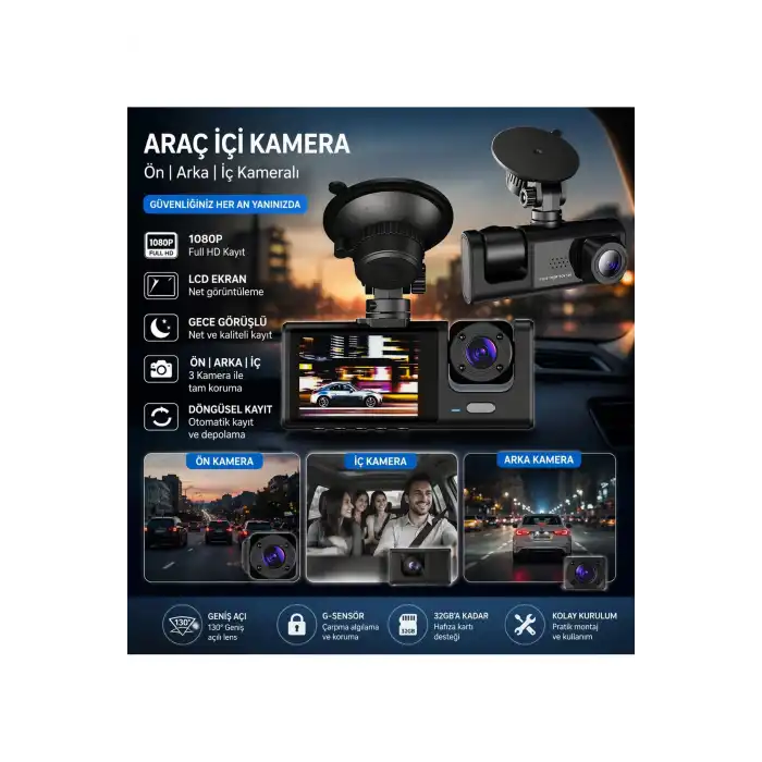 WiFi Destekli 1080p 3 Kameralı Araç İçi Kamera LCD Ekranlı Gece Görüşlü G Sensörlü