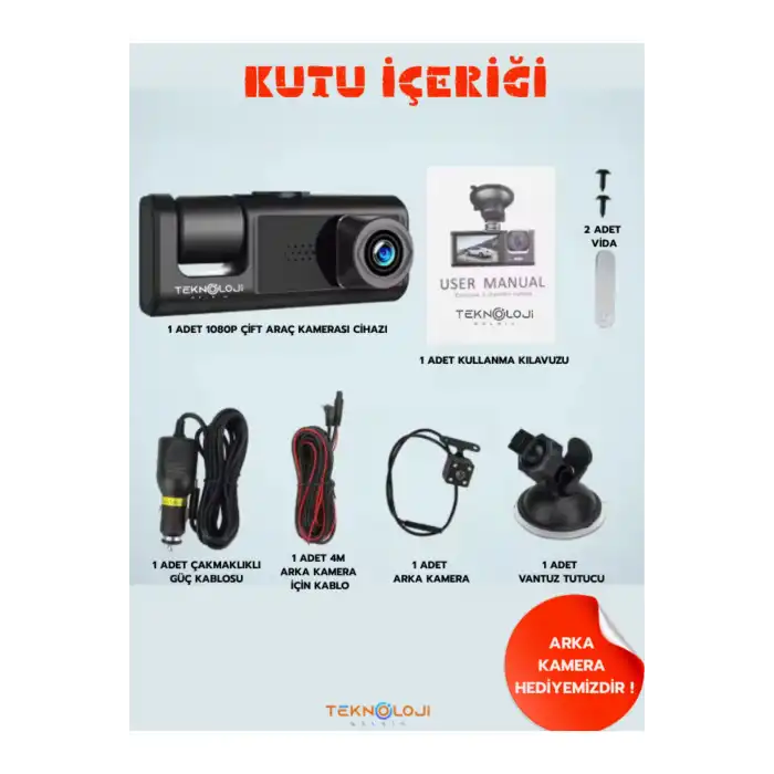 Full HD 1080p 3 Kameralı Dash Cam Ön Arka İç Kayıt Özellikli Gece Görüşlü G Sensörlü