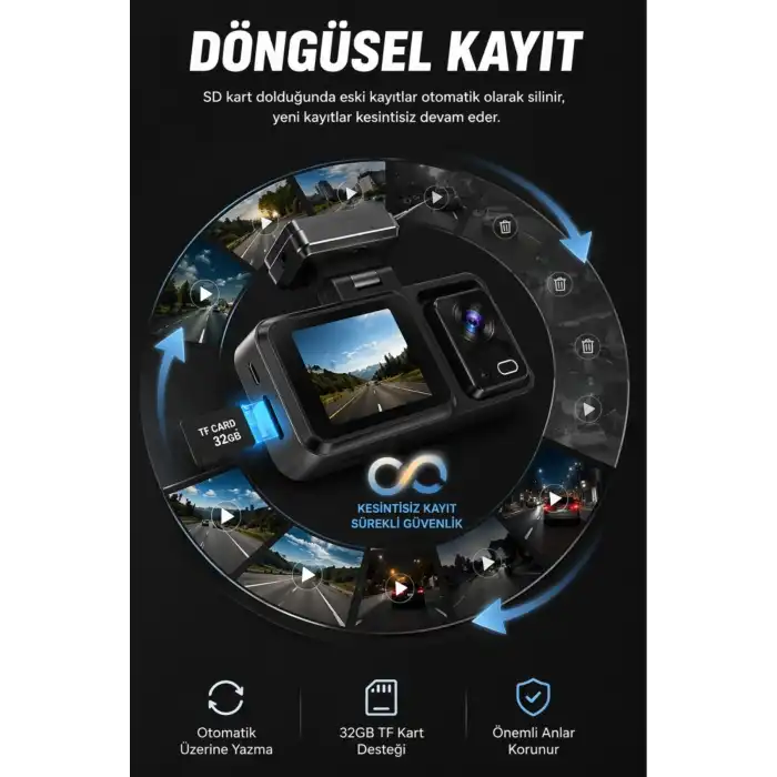 1080p HD 3 Kameralı Araç Kamerası Ön Arka İç Kayıt ve Park Destekli Gece Görüşlü