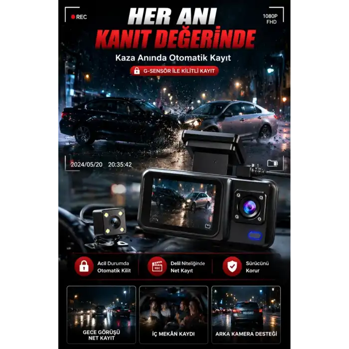 1080p HD 3 Kameralı Araç Kamerası Ön Arka İç Kayıt ve Park Destekli Gece Görüşlü