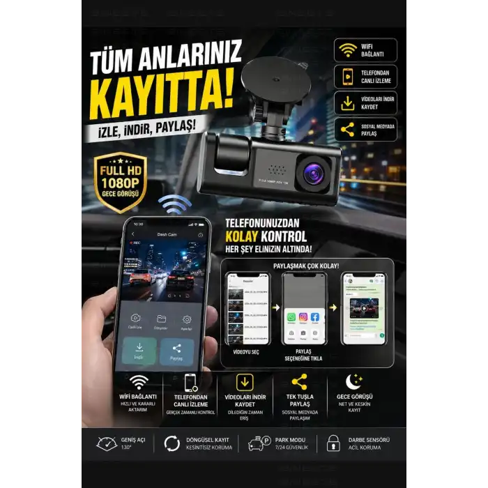 WiFi 1080p 3 Kameralı Araç İçi Kamera LCD Ekranlı Gece Görüşlü G Sensörlü Geniş Açılı