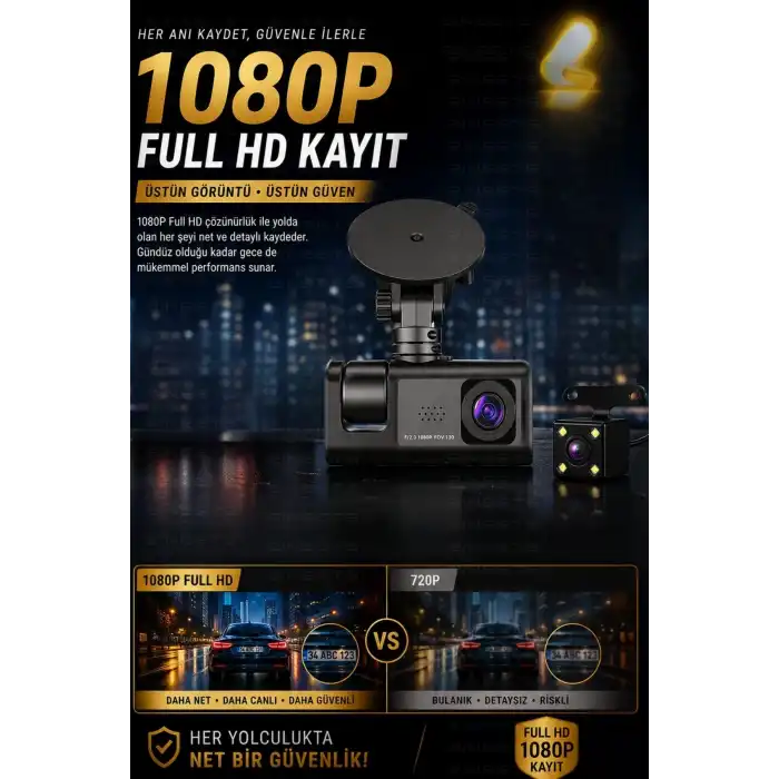 WiFi 1080p 3 Kameralı Araç İçi Kamera LCD Ekranlı Gece Görüşlü G Sensörlü Geniş Açılı