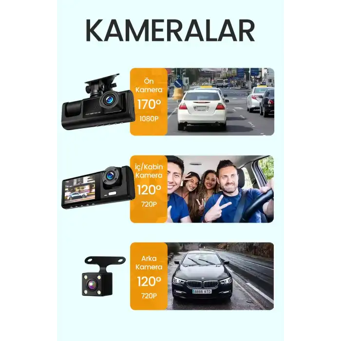 C309 Tipi 3 Kameralı LCD Ekran Araç Kamerası Hareket Sensörlü Gece Görüşlü G Sensörlü