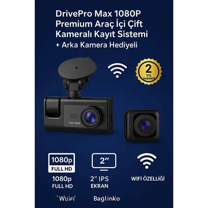 LCD Ekranlı 1080p 3 Kameralı Araç İçi Kamera Geri Görüş Destekli Gece Görüşlü G Sensörlü