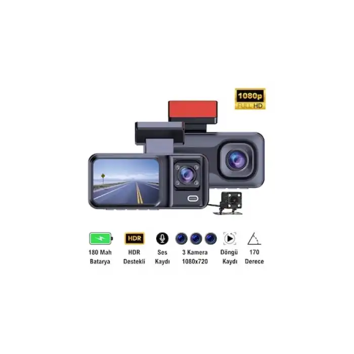 32GB Uyumlu 3 Kameralı Araç İçi Güvenlik Kamerası 1080p Kayıtlı Gece Görüşlü G Sensörlü