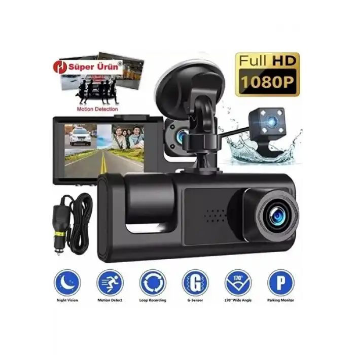 LCD Ekranlı 1080p 3 Kameralı Araç İçi Kamera Geri Görüş Destekli Gece Görüşlü G Sensörlü