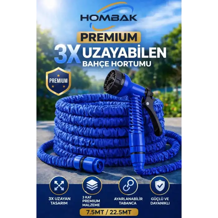 3X Uzayan Bahçe Hortumu 7.5-22.5 Metre Ayarlanabilir Tabancalı Premium Sulama Hortumu Mavi