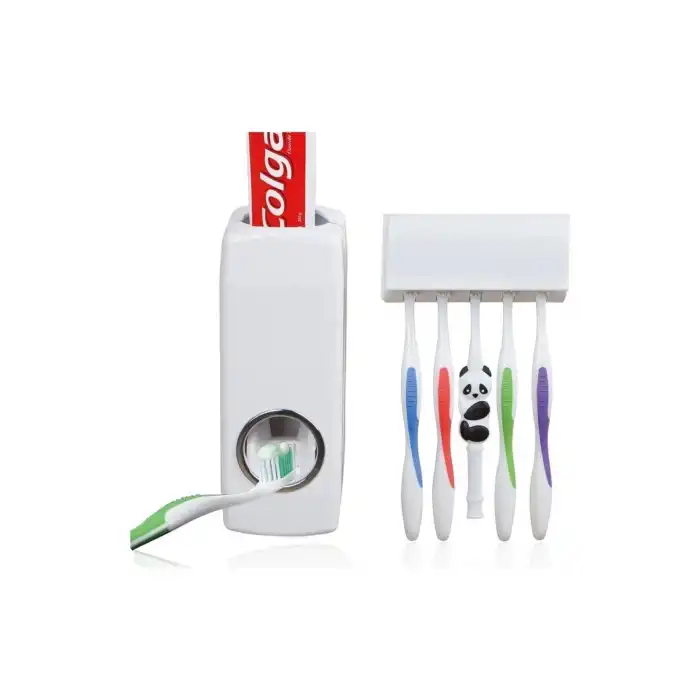 5li Diş Fırçalık ve Otomatik Macun Sıkacağı Duvar Askılı Beyaz Pratik Banyo Seti