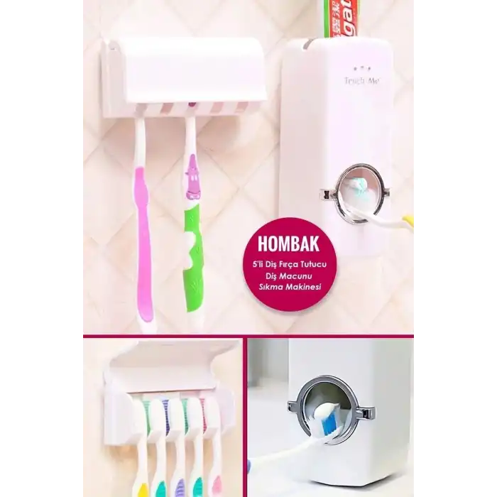 5li Diş Fırçalık Macun Sıkıcı Seti Duvara Monte Beyaz Hijyenik Pratik Organizer