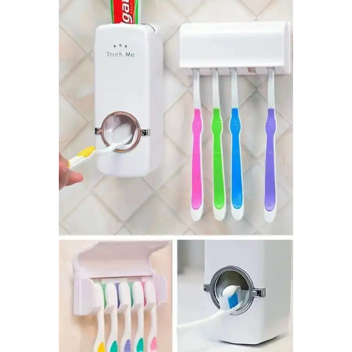 5li Diş Fırçalık Macun Sıkıcı Seti Duvara Monte Beyaz Hijyenik Pratik Organizer