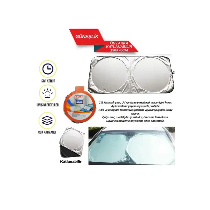 Miflonlu Katlanır Oto Ön Cam Güneşliği 150x70cm Güneş Koruyucu Yazlık Araç Aksesuarı