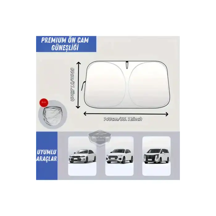 Premium Katlanır Oto Ön Arka Cam Güneşliği Metalize Isı Yalıtımlı Çantalı 150x70cm