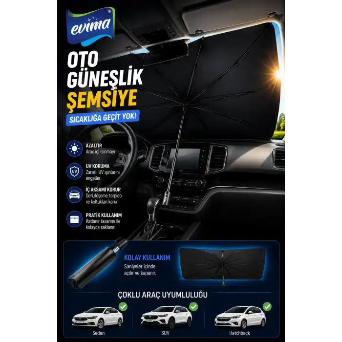 Katlanabilir Oto Güneşlik Şemsiye 75x140 cm UV Korumalı Ön Cam Gölgelik Aksesuarı
