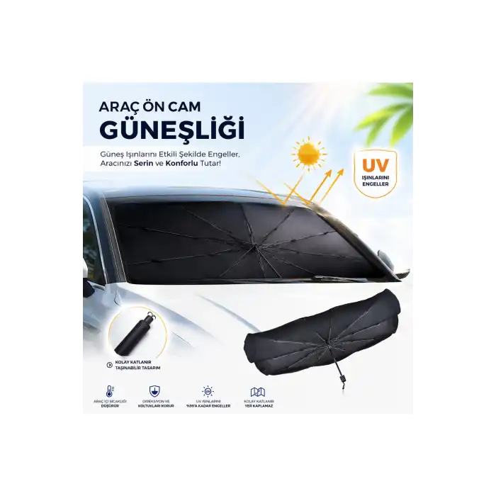 Tüm Araçlara Uyumlu Katlanır Şemsiye Oto Ön Cam Güneşliği Perde Gölgelik UV Blok