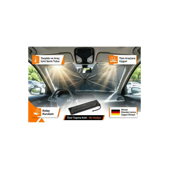 Tüm Araçlara Uyumlu Katlanır Şemsiye Oto Ön Cam Güneşliği Perde Gölgelik UV Blok