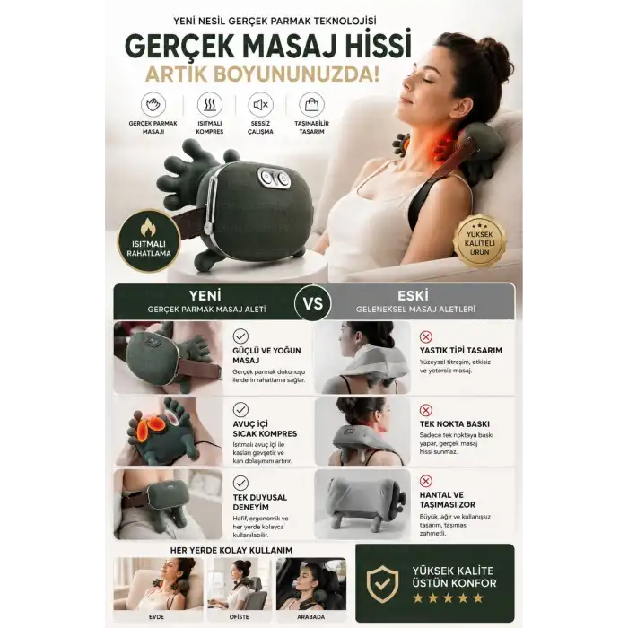 Yeşil Isıtmalı El Hissi Boyun Omuz ve Sırt Masaj Yastığı Şarjlı Yoğurma Etkili Model