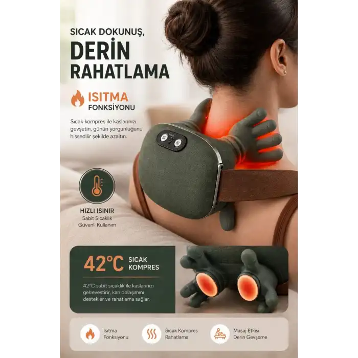 Yeşil Isıtmalı El Hissi Boyun Omuz ve Sırt Masaj Yastığı Şarjlı Yoğurma Etkili Model