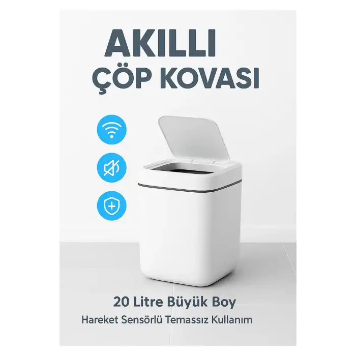 Akıllı Otomatik Kapaklı 20 Litre Çöp Kutusu Hareket Sensörlü Hijyenik Sessiz Ev Ofis
