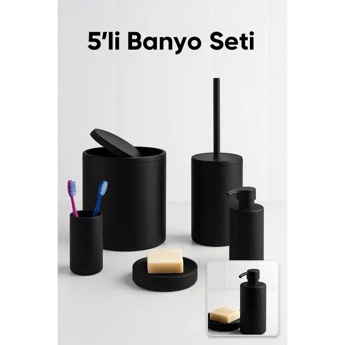 5 Parça Siyah Banyo Seti Yuvarlak Çöp Kovası Tuvalet Fırçası Sabunluk Fırçalık Modern