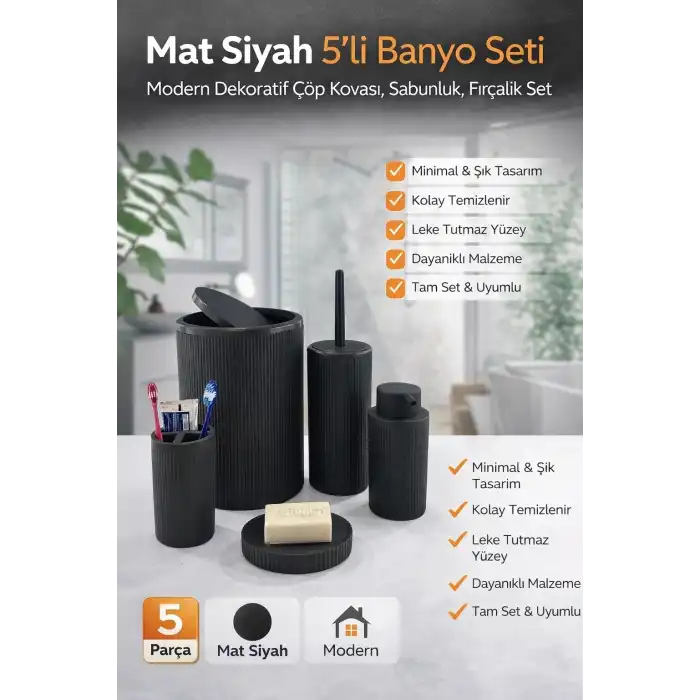 Siyah Çizgili 5 Parça Banyo Seti Çöp Kovası Tuvalet Fırçası Sabunluk Diş Fırçalık