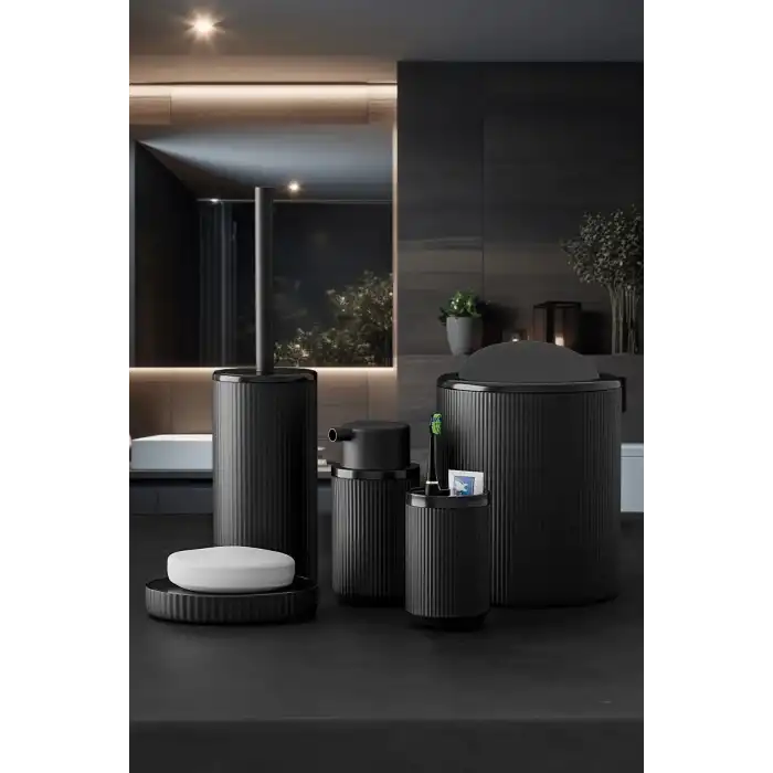 Yuvarlak Siyah 5 Parça Banyo Seti Çöp Kovası Fırça Sabunluk Diş Fırçalık Aksesuar