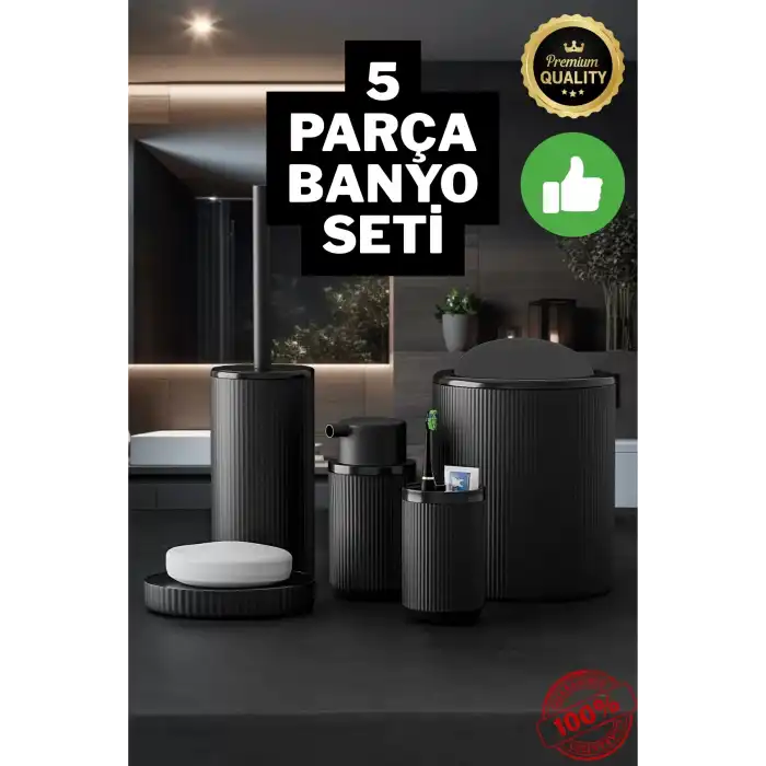 Yuvarlak Siyah 5 Parça Banyo Seti Çöp Kovası Fırça Sabunluk Diş Fırçalık Aksesuar