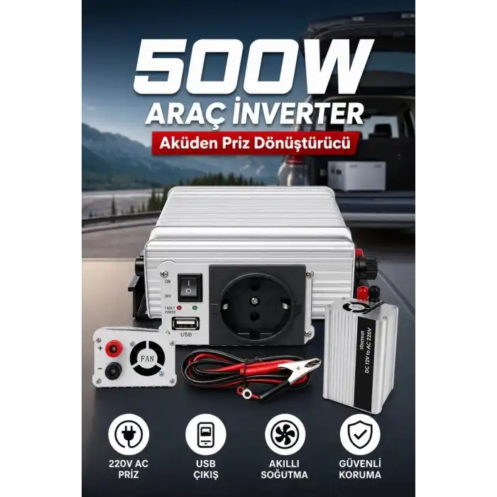 500W 12V DC 220V AC İnverter USB Çıkışlı Fanlı Akü Güç Dönüştürücü Araç Kullanımı