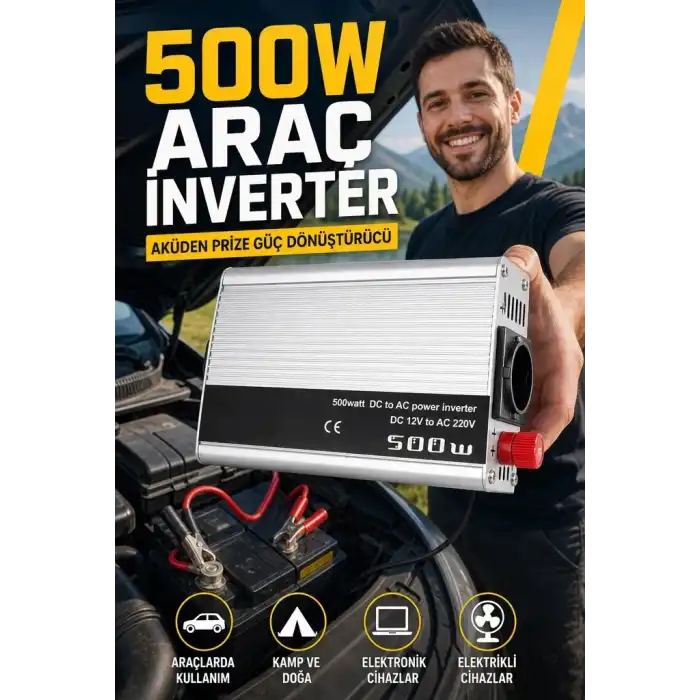 500W 12V DC 220V AC İnverter USB Çıkışlı Fanlı Akü Güç Dönüştürücü Araç Kullanımı