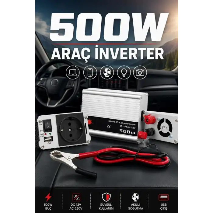 500W 12V DC 220V AC İnverter USB Çıkışlı Fanlı Akü Güç Dönüştürücü Araç Kullanımı