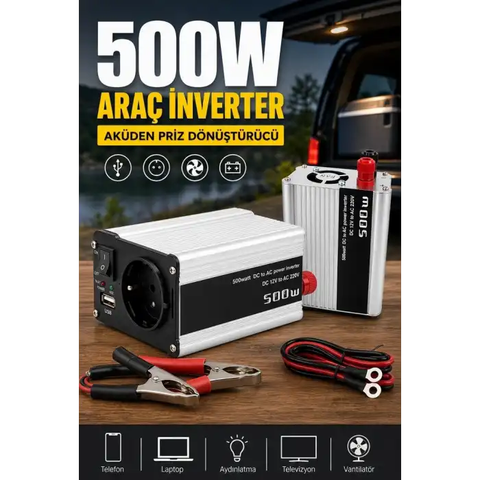 500W 12V DC 220V AC İnverter USB Çıkışlı Fanlı Akü Güç Dönüştürücü Araç Kullanımı